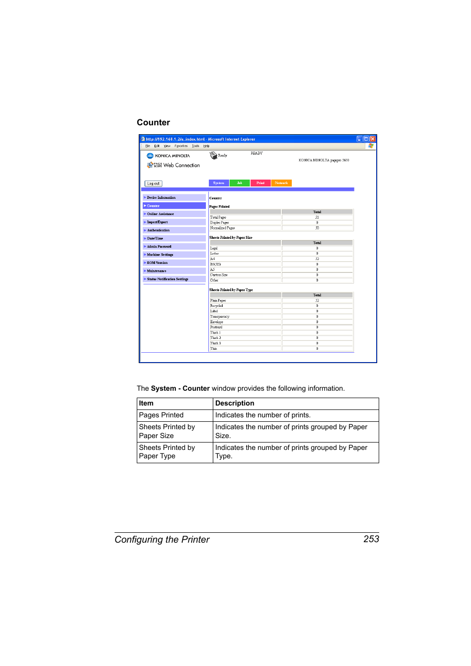 Counter, Counter 253, Configuring the printer 253 | Konica Minolta PagePro 5650EN User Manual | Page 271 / 394