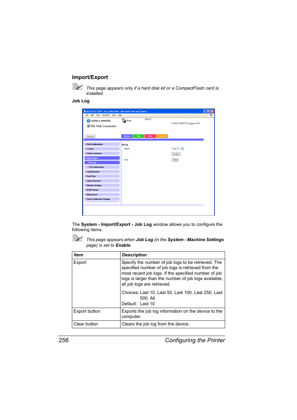 Import/export, Import/export 256 | Konica Minolta PagePro 5650EN User Manual | Page 274 / 394