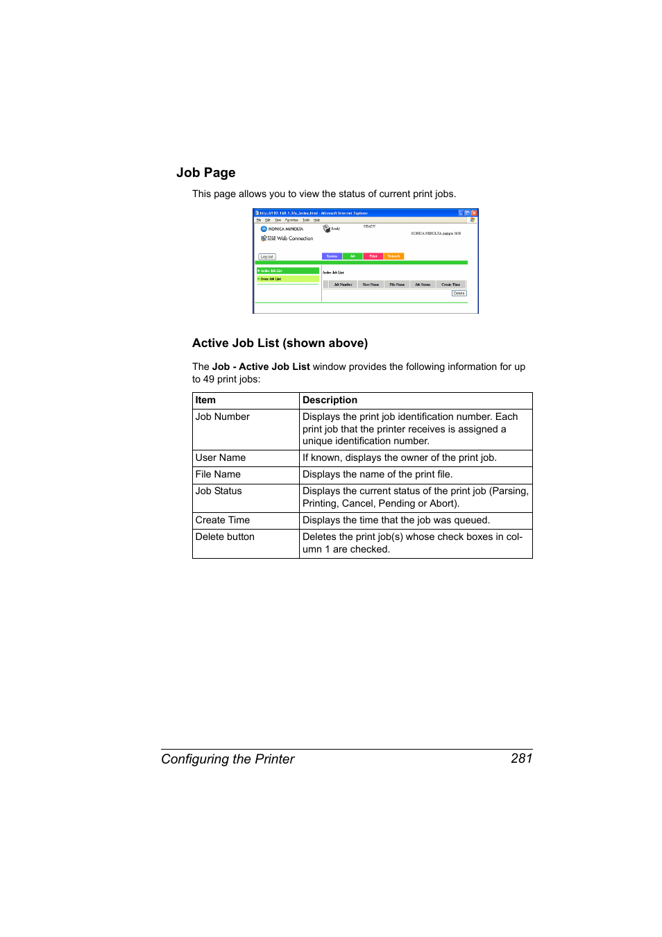 Active job list (shown above), Active job list (shown above) 281, Configuring the printer 281 job page | Konica Minolta PagePro 5650EN User Manual | Page 299 / 394