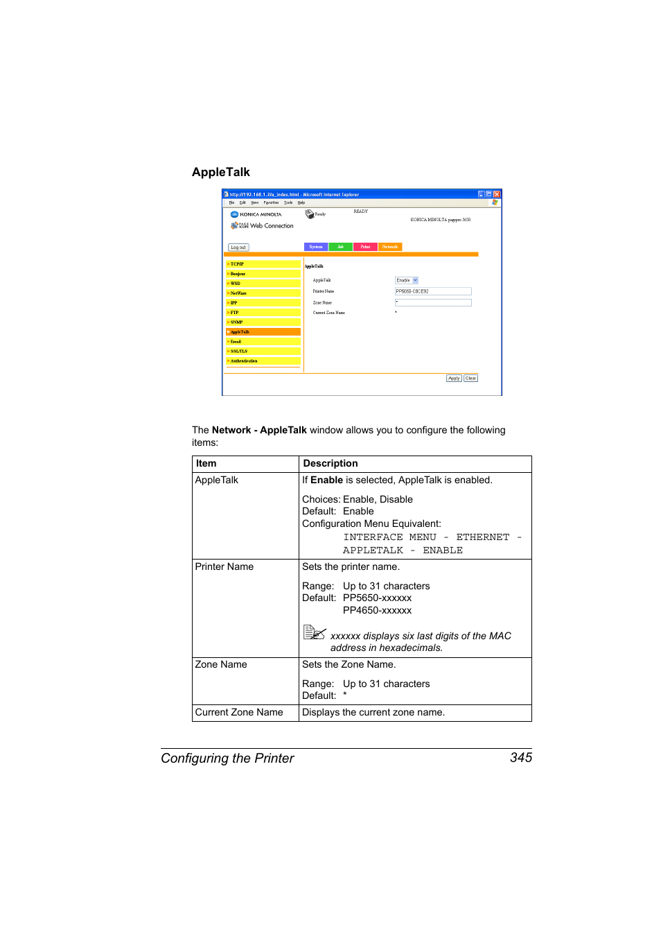Appletalk, Appletalk 345, Configuring the printer 345 | Konica Minolta PagePro 5650EN User Manual | Page 363 / 394