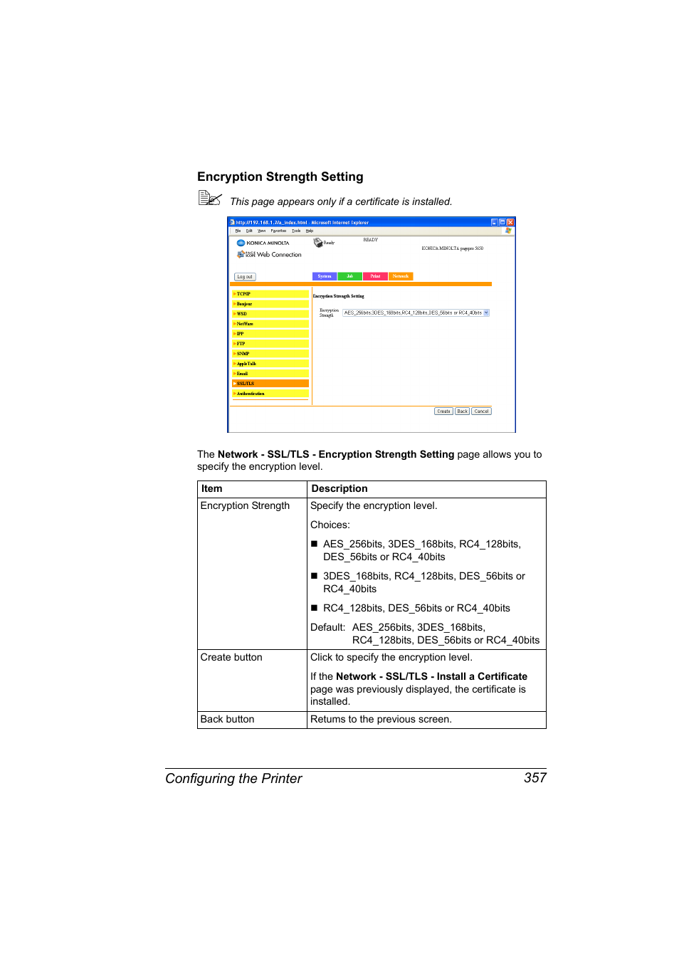 Encryption strength setting, Encryption strength setting 357, Configuring the printer 357 | Konica Minolta PagePro 5650EN User Manual | Page 375 / 394