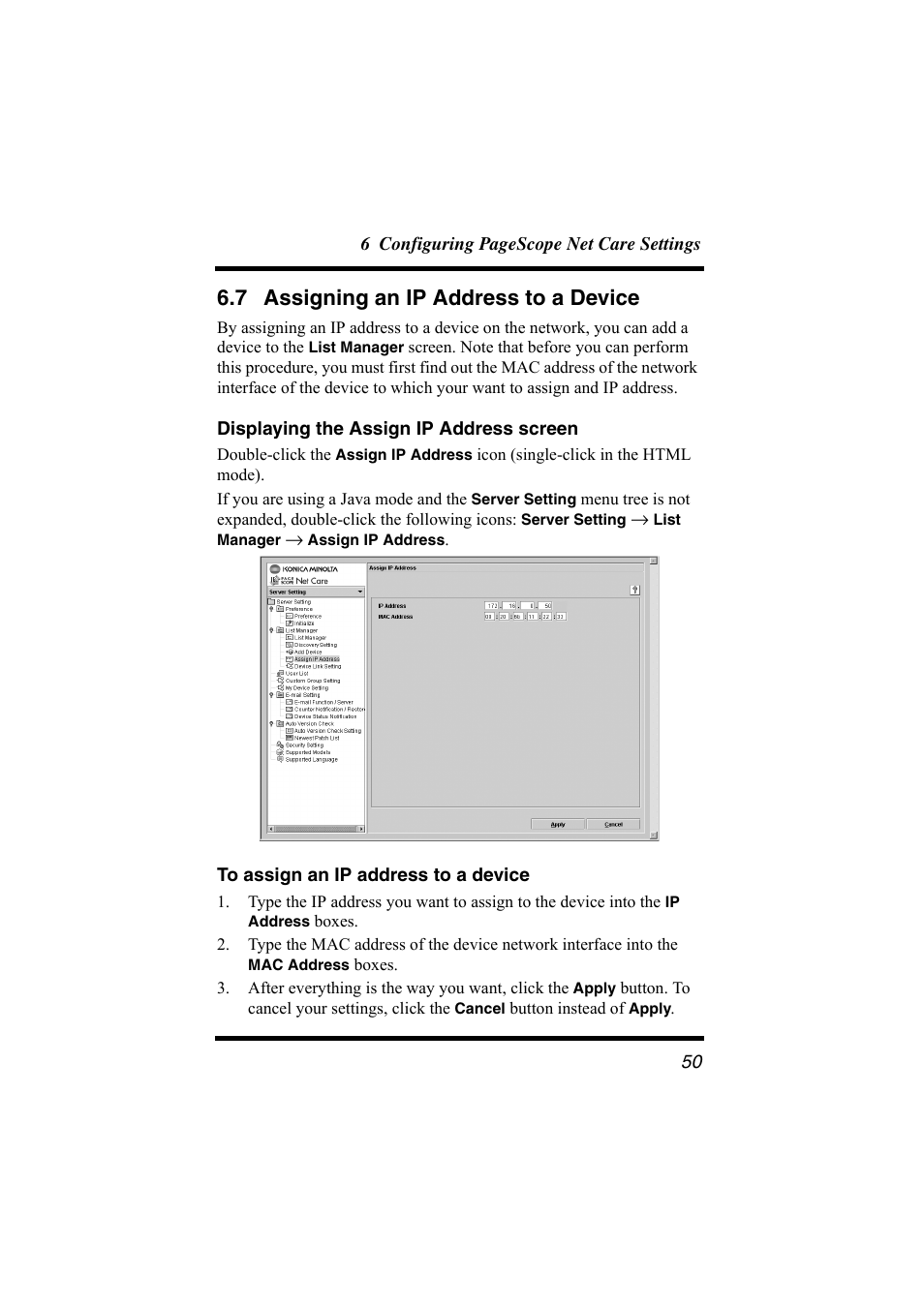 7 assigning an ip address to a device, Displaying the assign ip address screen, To assign an ip address to a device | Assigning an ip address to a device | Konica Minolta bizhub C31P User Manual | Page 61 / 147