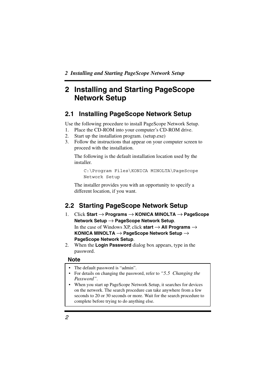 Network setup, 2 installing and starting pagescope network setup, 1 installing pagescope network setup | 2 starting pagescope network setup | Konica Minolta BIZHUB C30P User Manual | Page 7 / 38
