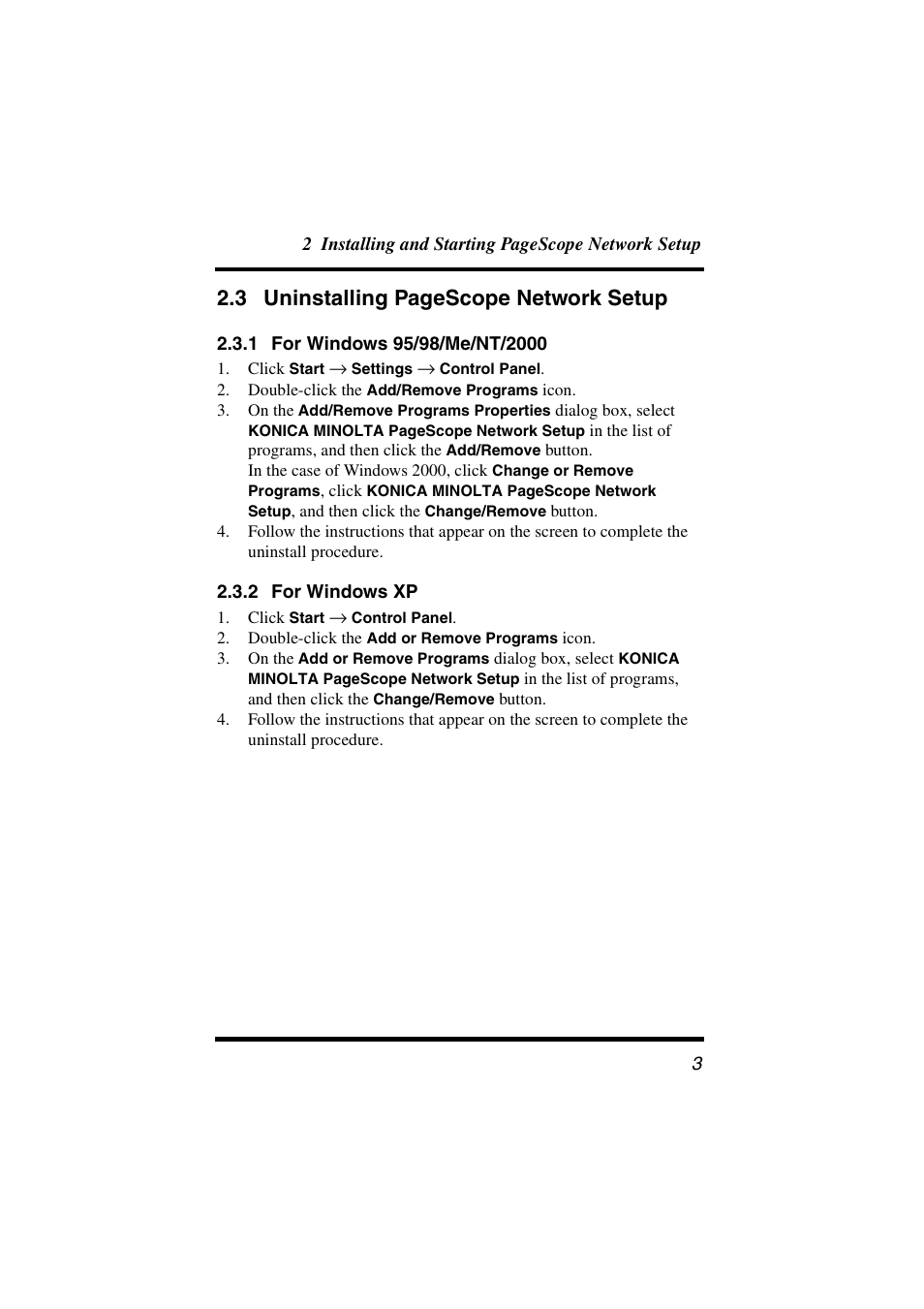 1 for windows 95/98/me/nt/2000, 2 for windows xp, 3 uninstalling pagescope network setup | Konica Minolta BIZHUB C30P User Manual | Page 8 / 38