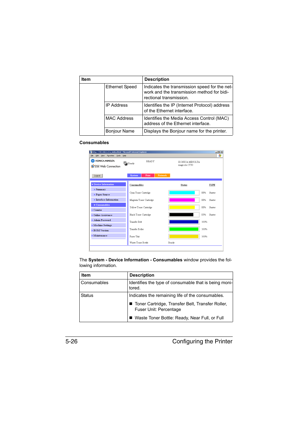 Configuring the printer 5-26 | Konica Minolta magicolor 3730DN User Manual | Page 163 / 187