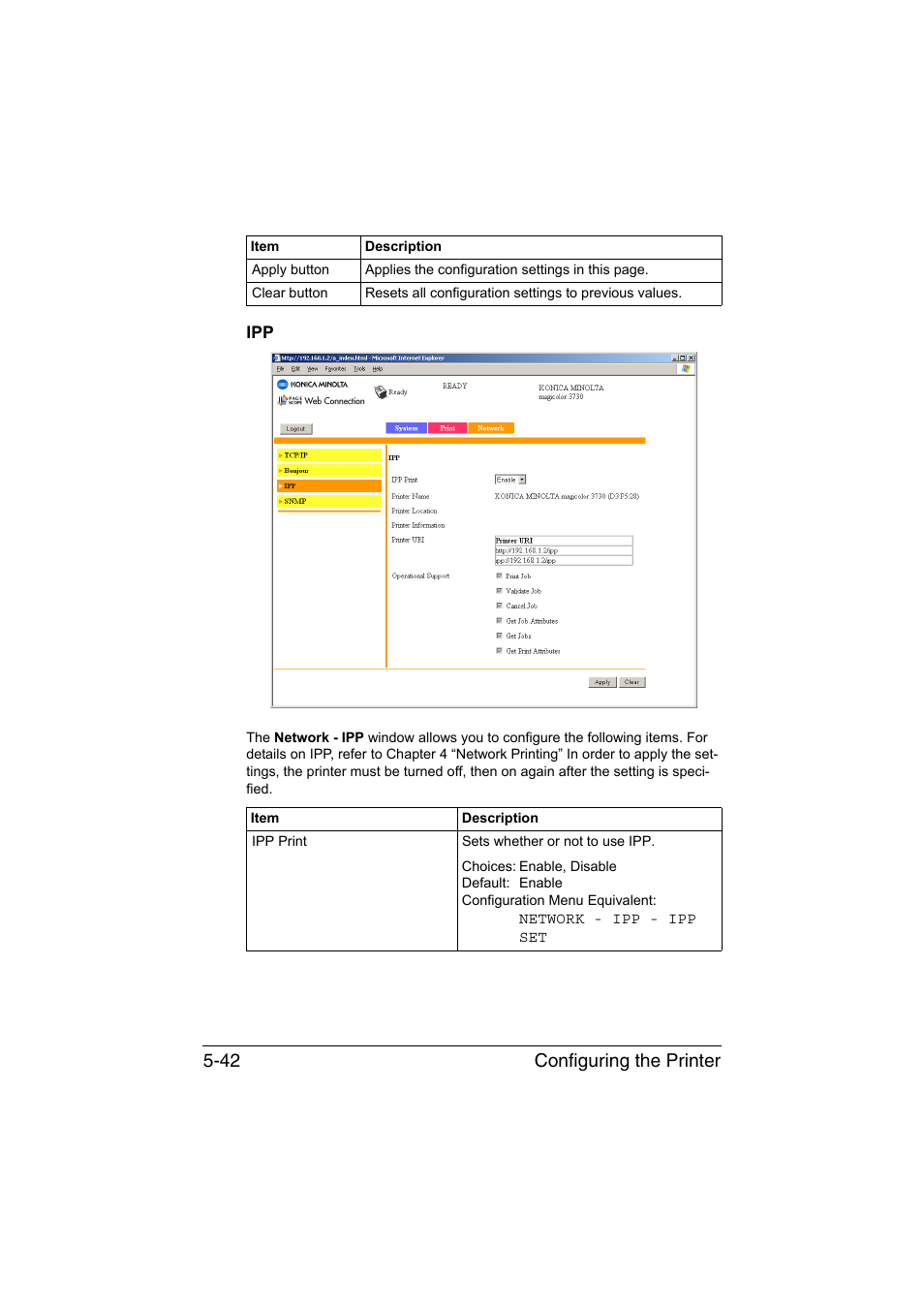 Ipp -42, Configuring the printer 5-42 | Konica Minolta magicolor 3730DN User Manual | Page 179 / 187