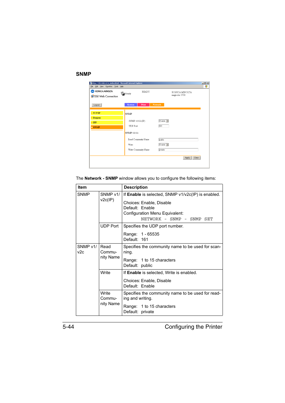 Snmp, Snmp -44, Configuring the printer 5-44 | Konica Minolta magicolor 3730DN User Manual | Page 181 / 187