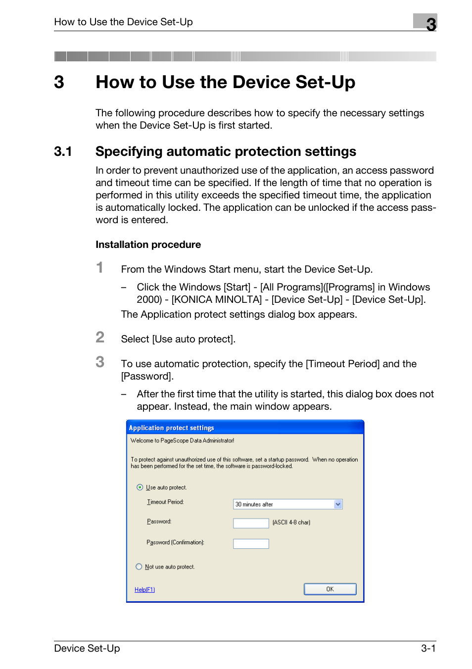 3 how to use the device set-up, 1 specifying automatic protection settings, How to use the device set-up | Specifying automatic protection settings -1, Installation procedure -1, 3how to use the device set-up | Konica Minolta Copy Protection Utility User Manual | Page 14 / 67