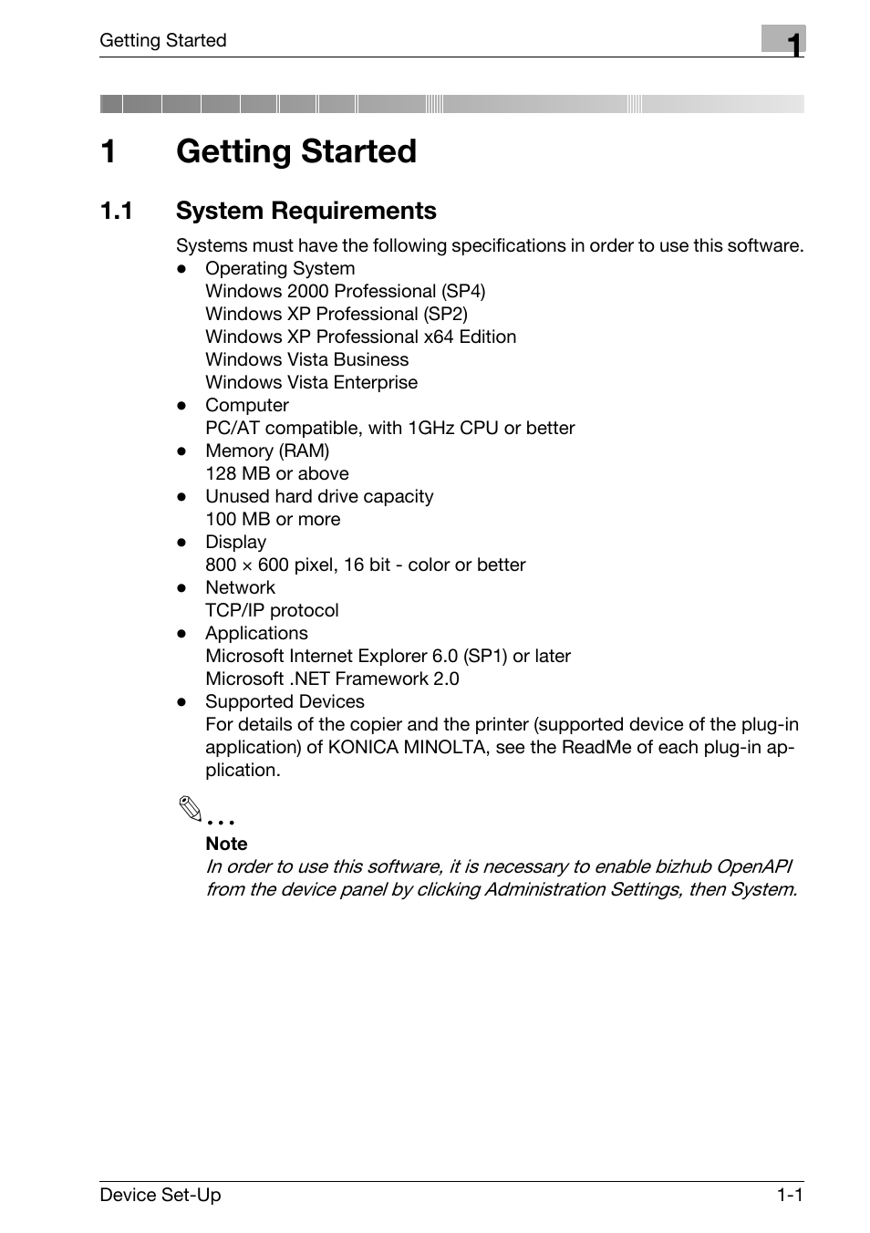 1 getting started, 1 system requirements, Getting started | System requirements -1, 1getting started | Konica Minolta Copy Protection Utility User Manual | Page 6 / 67
