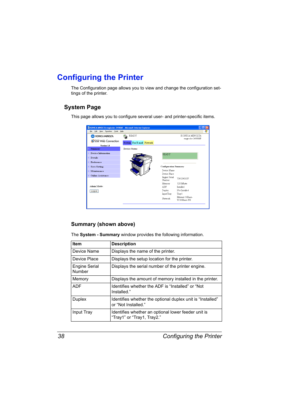 Configuring the printer, Summary (shown above), Configuring the printer 38 | Summary (shown above) 38, System page | Konica Minolta Magicolor 2490MF User Manual | Page 46 / 90
