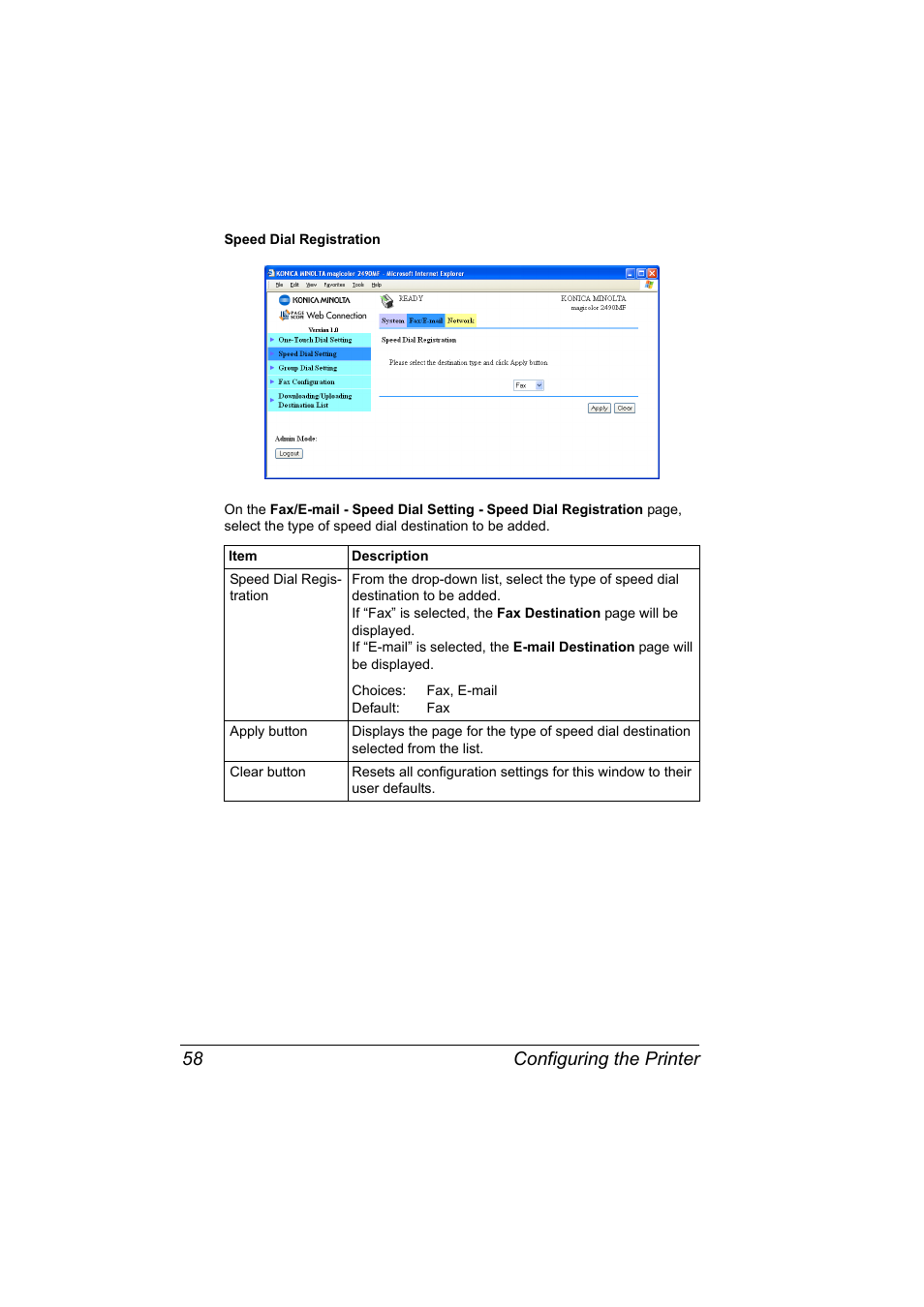Configuring the printer 58 | Konica Minolta Magicolor 2490MF User Manual | Page 66 / 90