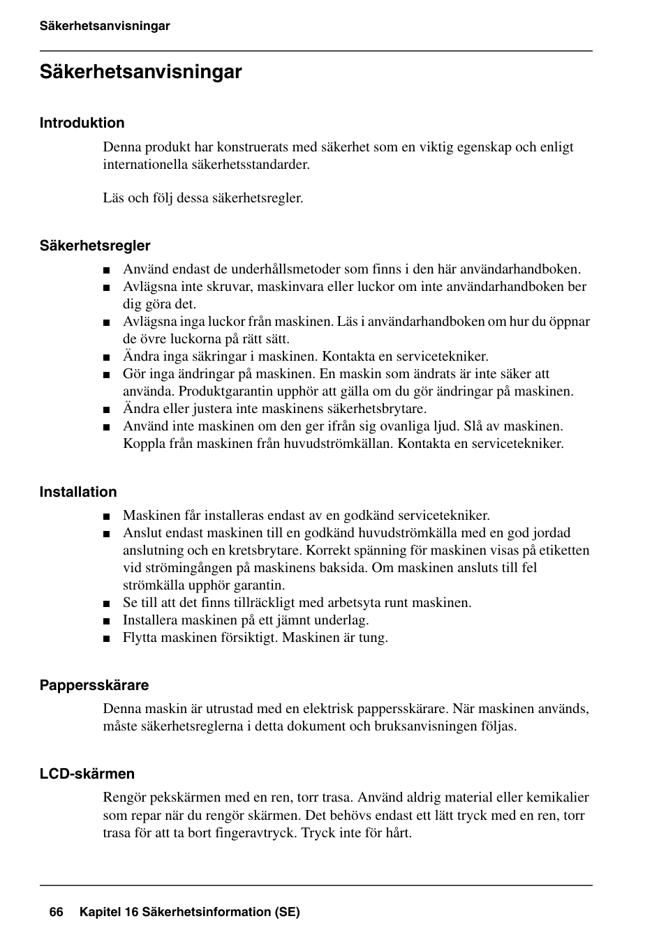 Säkerhetsanvisningar | Konica Minolta bizhub PRO 1600P User Manual | Page 66 / 84