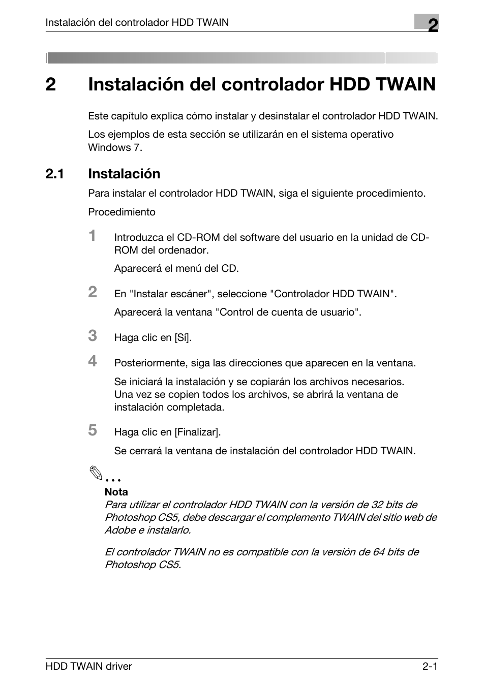 2 instalación del controlador hdd twain, 1 instalación, Instalación del controlador hdd twain | Instalación -1, 2instalación del controlador hdd twain | Konica Minolta bizhub PRO 1200 User Manual | Page 11 / 43