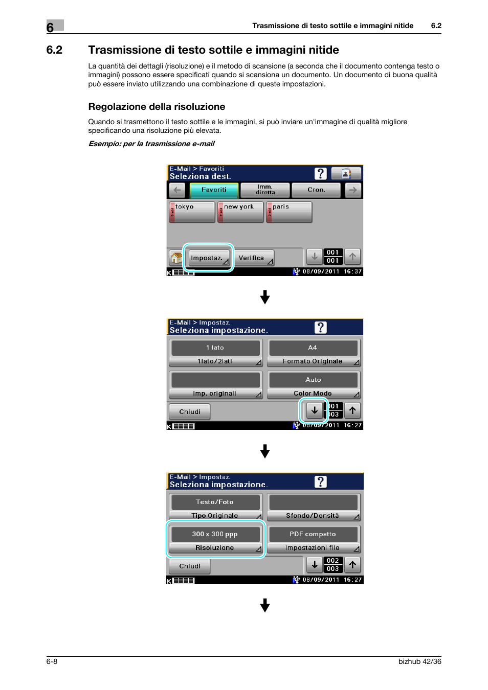 2 trasmissione di testo sottile e immagini nitide, Regolazione della risoluzione | Konica Minolta bizhub 36 User Manual | Page 150 / 186