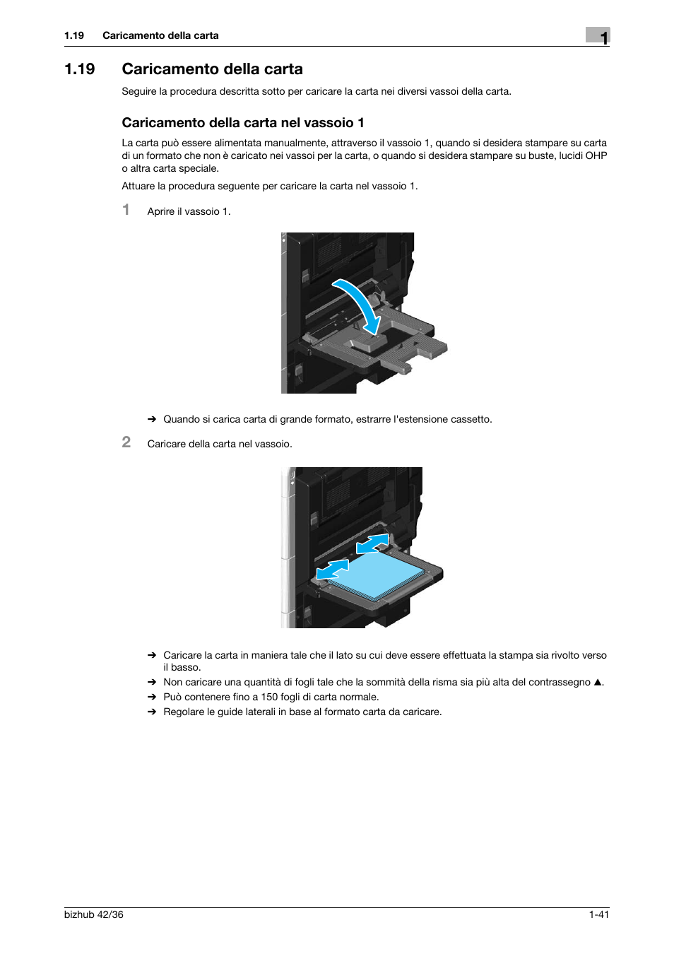 19 caricamento della carta, Caricamento della carta nel vassoio 1 | Konica Minolta bizhub 36 User Manual | Page 47 / 186
