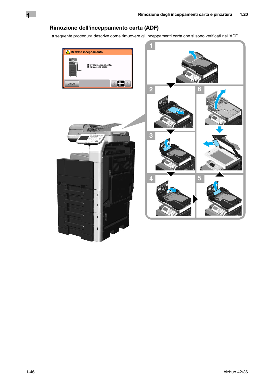 Rimozione dell'inceppamento carta (adf), Rimozione dell'inceppamento carta (adf) -46 | Konica Minolta bizhub 36 User Manual | Page 52 / 186