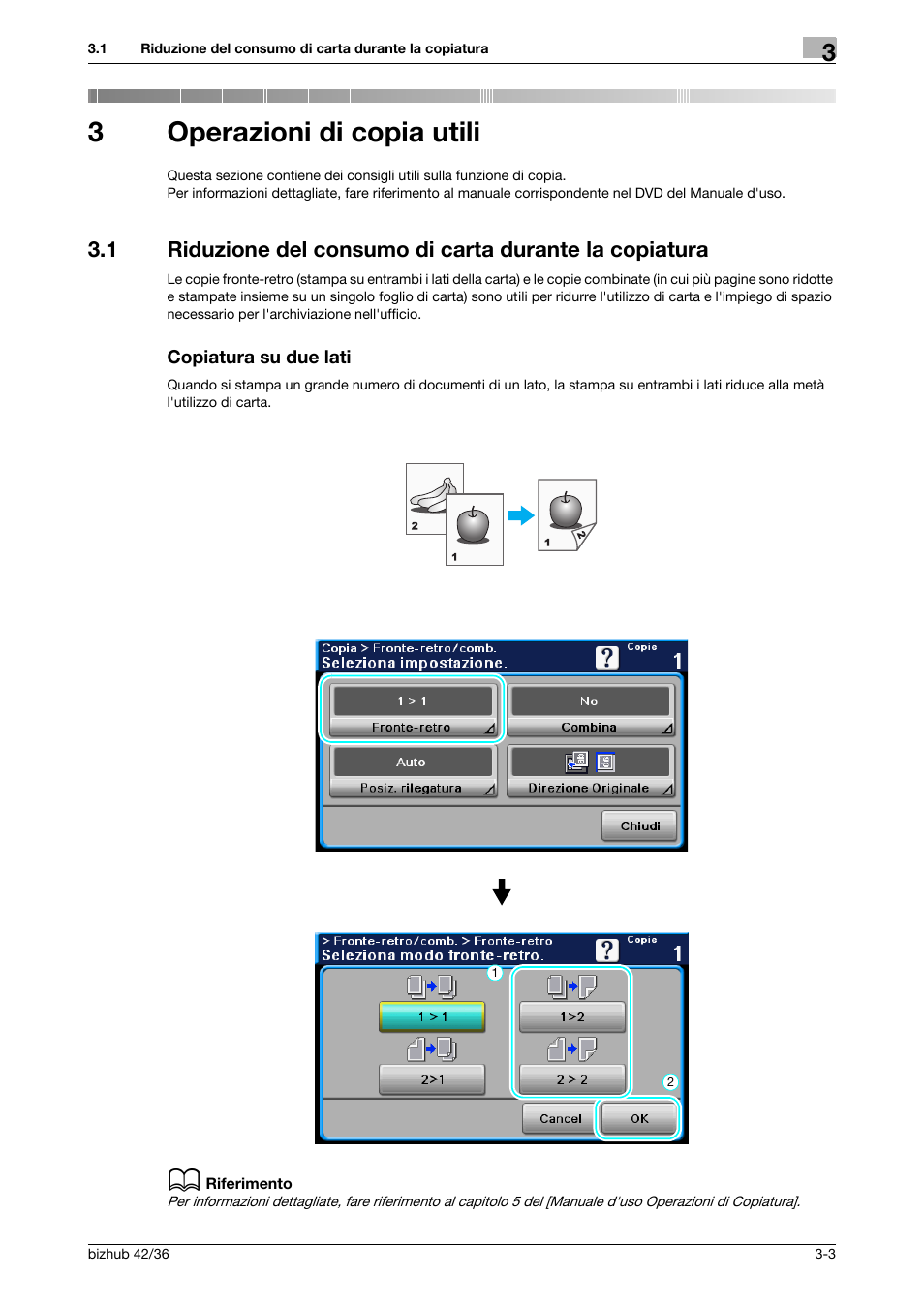 3 operazioni di copia utili, Copiatura su due lati, Operazioni di copia utili | 3operazioni di copia utili | Konica Minolta bizhub 36 User Manual | Page 87 / 186