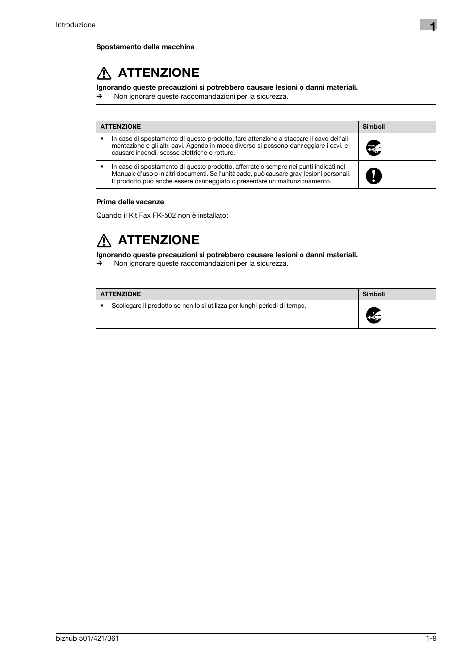 Spostamento della macchina, Prima delle vacanze, 7 attenzione | Konica Minolta bizhub 421 User Manual | Page 15 / 264