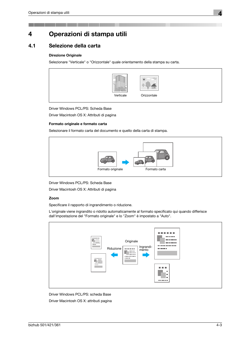 4 operazioni di stampa utili, 1 selezione della carta, Direzione originale | Formato originale e formato carta, Zoom, Operazioni di stampa utili, Selezione della carta -3, 4operazioni di stampa utili | Konica Minolta bizhub 421 User Manual | Page 151 / 264