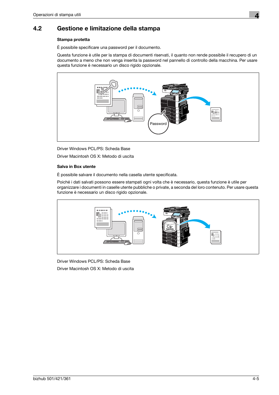 2 gestione e limitazione della stampa, Stampa protetta, Salva in box utente | Gestione e limitazione della stampa -5 | Konica Minolta bizhub 421 User Manual | Page 153 / 264
