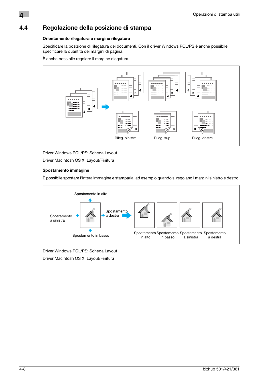 4 regolazione della posizione di stampa, Orientamento rilegatura e margine rilegatura, Spostamento immagine | Regolazione della posizione di stampa -8 | Konica Minolta bizhub 421 User Manual | Page 156 / 264