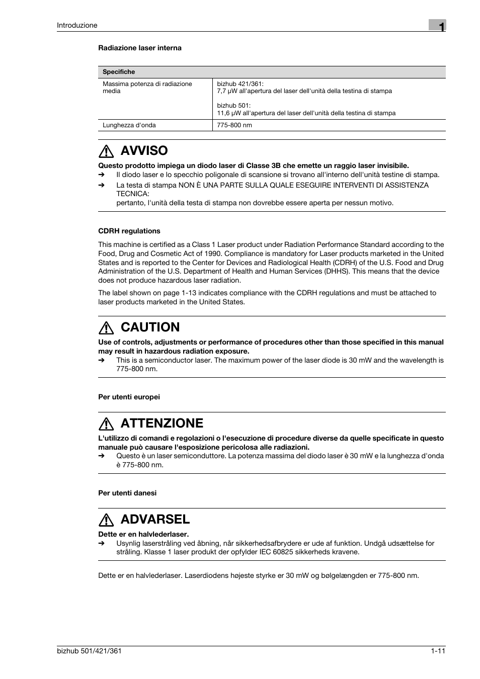 Radiazione laser interna, Cdrh regulations, Per utenti europei | Per utenti danesi, 7 avviso, 7 caution, 7 attenzione, 7 advarsel | Konica Minolta bizhub 421 User Manual | Page 17 / 264