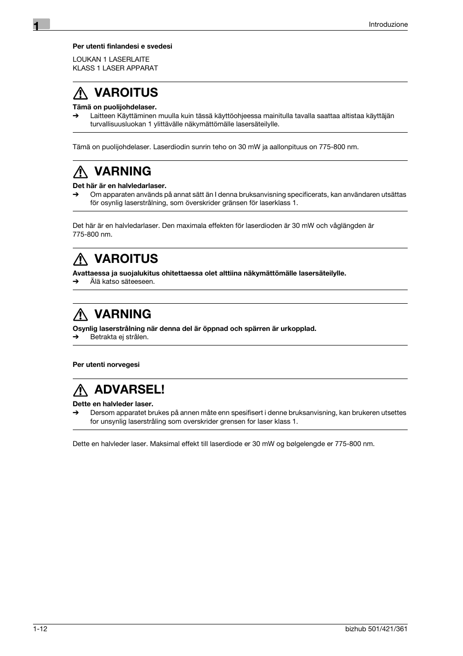 Per utenti finlandesi e svedesi, Per utenti norvegesi, 7 varoitus | 7 varning, 7 advarsel | Konica Minolta bizhub 421 User Manual | Page 18 / 264