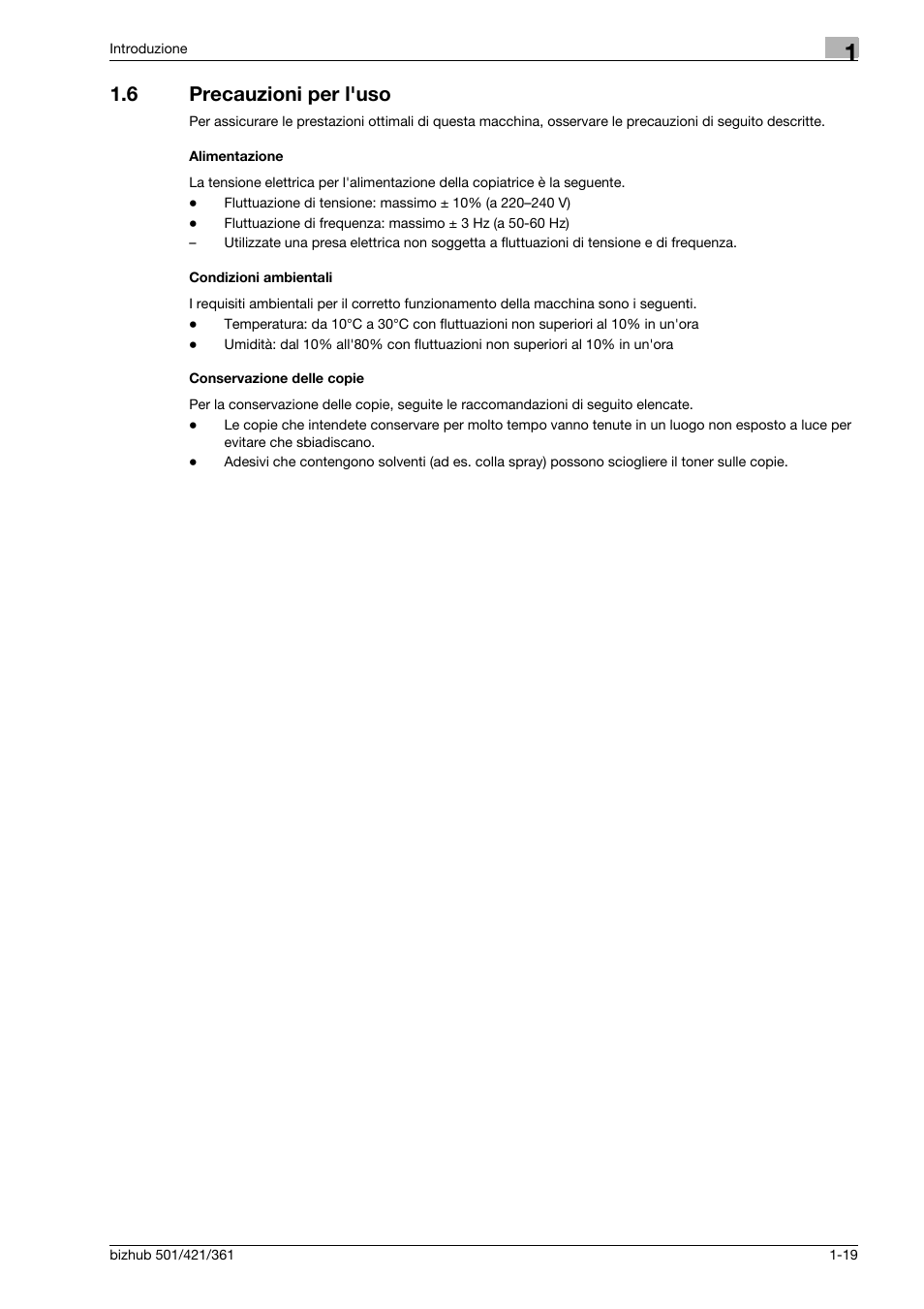6 precauzioni per l'uso, Alimentazione, Condizioni ambientali | Conservazione delle copie, Precauzioni per l'uso -19 | Konica Minolta bizhub 421 User Manual | Page 25 / 264
