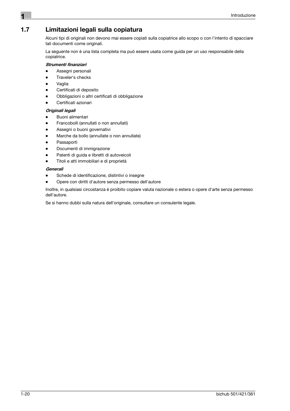 7 limitazioni legali sulla copiatura, Limitazioni legali sulla copiatura -20 | Konica Minolta bizhub 421 User Manual | Page 26 / 264