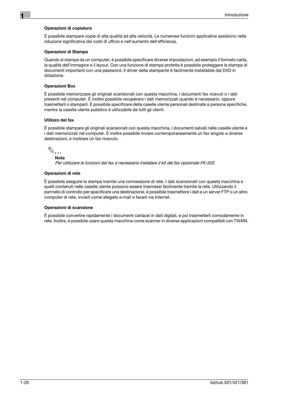 Operazioni di copiatura, Operazioni di stampa, Operazioni box | Utilizzo del fax, Operazioni di rete, Operazioni di scansione | Konica Minolta bizhub 421 User Manual | Page 32 / 264