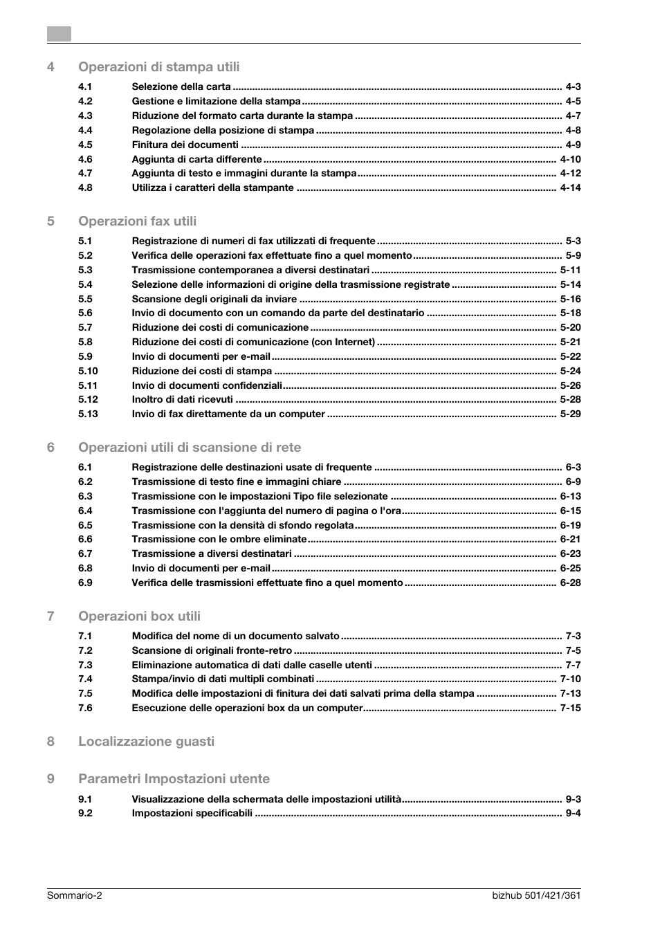 4operazioni di stampa utili, 5operazioni fax utili, 6operazioni utili di scansione di rete | 7operazioni box utili | Konica Minolta bizhub 421 User Manual | Page 4 / 264