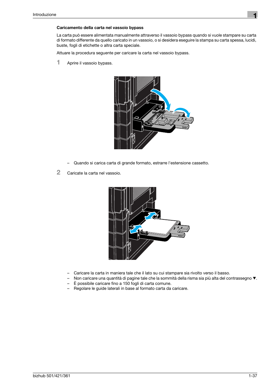 Caricamento della carta nel vassoio bypass | Konica Minolta bizhub 421 User Manual | Page 43 / 264