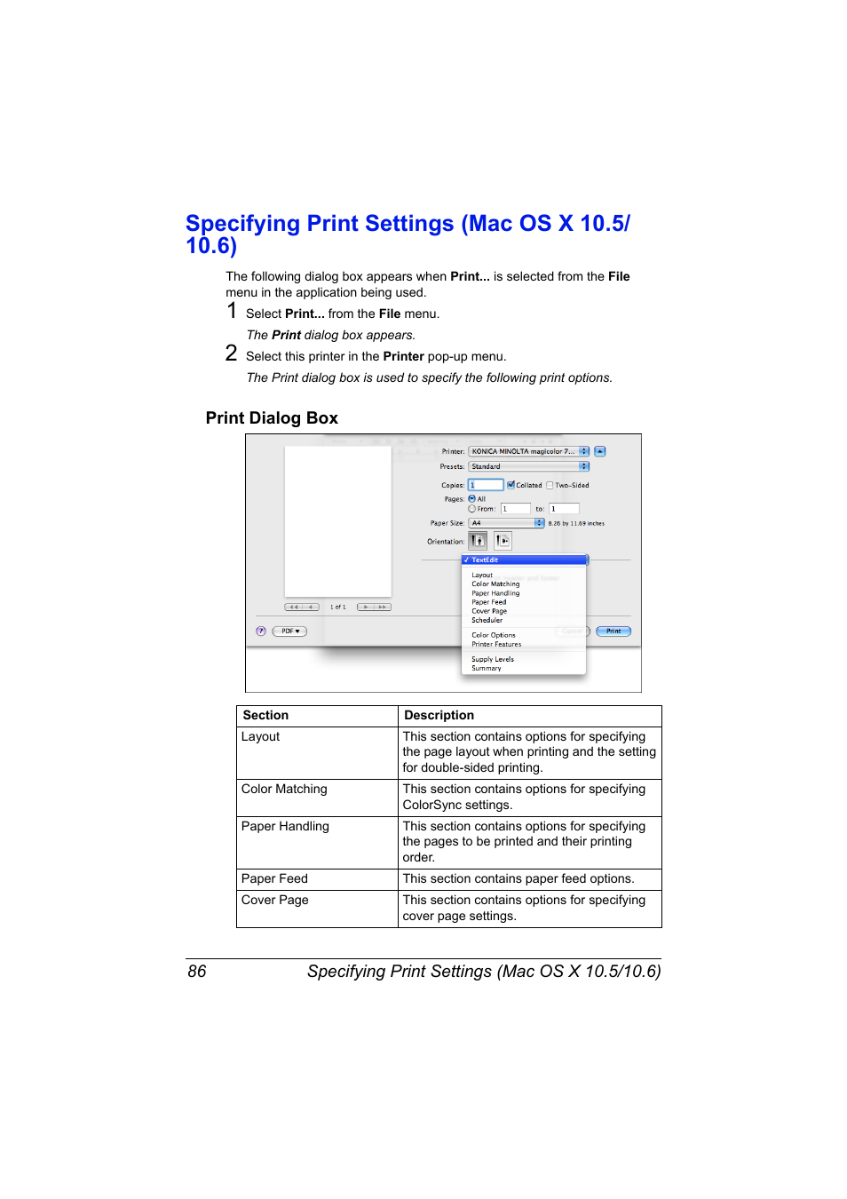 Specifying print settings (mac os x 10.5/10.6), Print dialog box, Specifying print settings (mac os x 10.5/10.6) 86 | Print dialog box 86 | Konica Minolta magicolor 7450II User Manual | Page 106 / 350