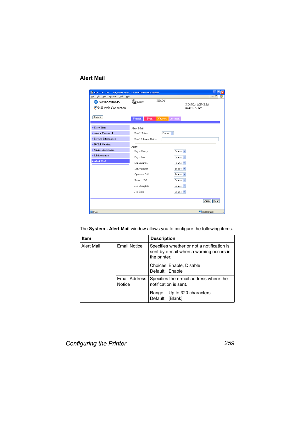 Alert mail, Alert mail 259, Configuring the printer 259 | Konica Minolta magicolor 7450II User Manual | Page 279 / 350