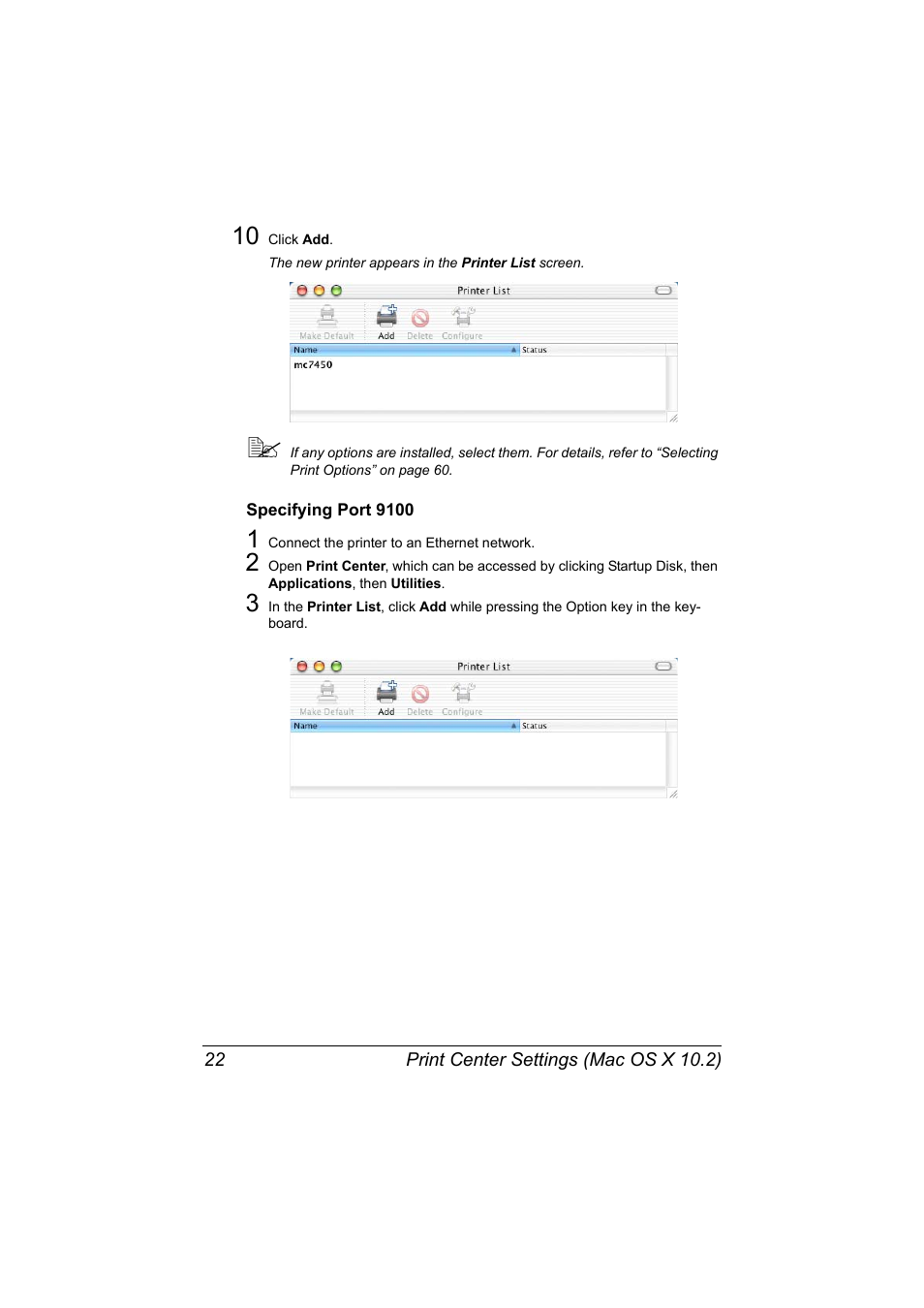 Specifying port 9100, Specifying port 9100 22 | Konica Minolta magicolor 7450II User Manual | Page 42 / 350