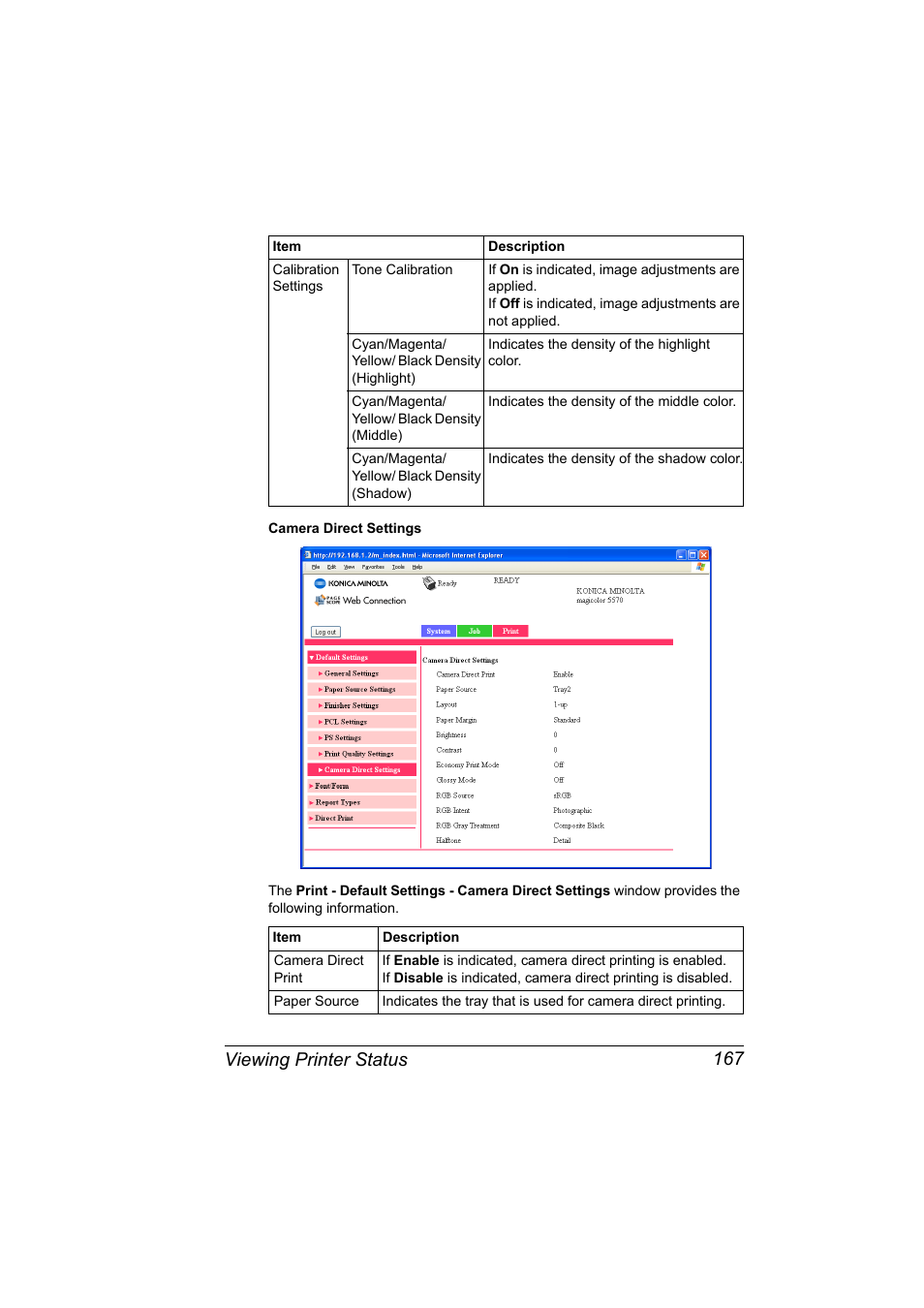 Viewing printer status 167 | Konica Minolta magicolor 5570CK User Manual | Page 185 / 296