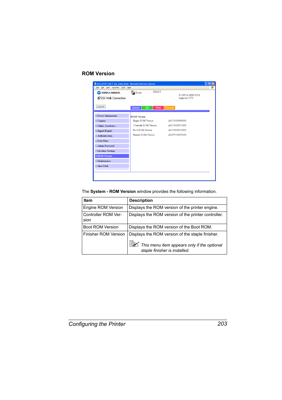 Rom version, Rom version 203 | Konica Minolta magicolor 5570CK User Manual | Page 221 / 296