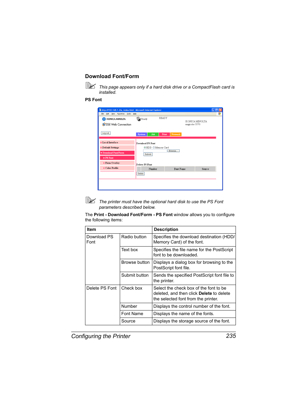 Download font/form, Download font/form 235, Configuring the printer 235 | Konica Minolta magicolor 5570CK User Manual | Page 253 / 296