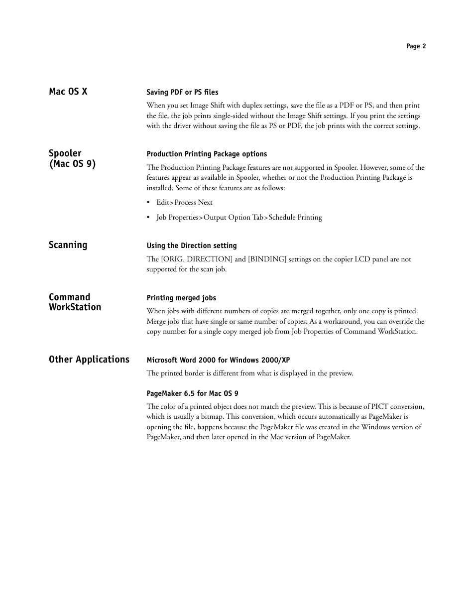 Mac os x, Spooler (macos9), Scanning | Command workstation, Other applications, Spooler (mac os 9) | Konica Minolta bizhub PRO C500 User Manual | Page 2 / 20