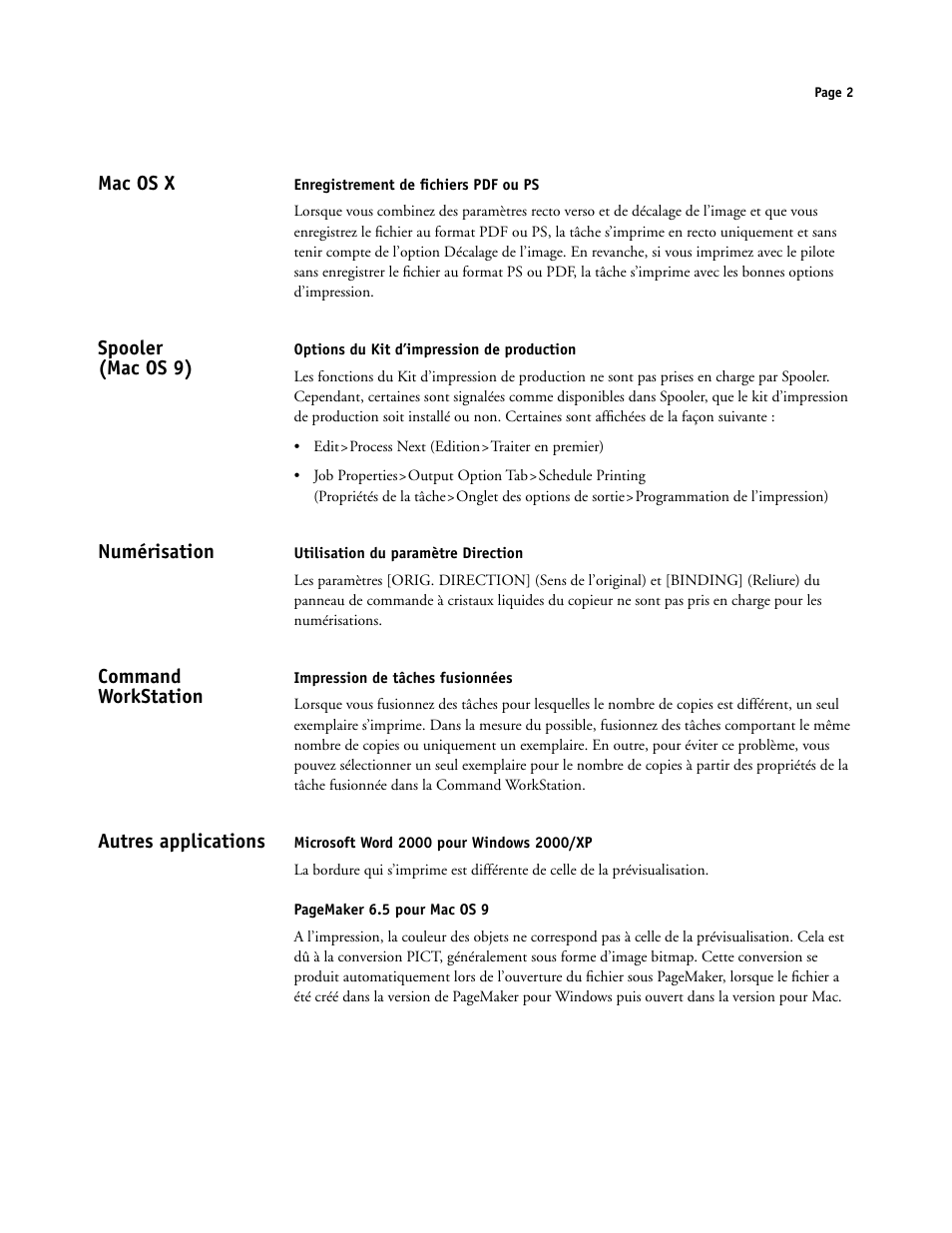 Mac os x, Spooler (macos9), Numérisation | Command workstation, Autres applications, Spooler (mac os 9) | Konica Minolta bizhub PRO C500 User Manual | Page 6 / 20
