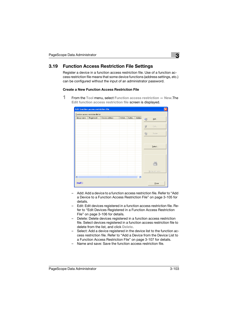 19 function access restriction file settings, Create a new function access restriction file, Function access restriction file settings -103 | Create a new function access restriction file -103 | Konica Minolta BIZHUB C30P User Manual | Page 112 / 128