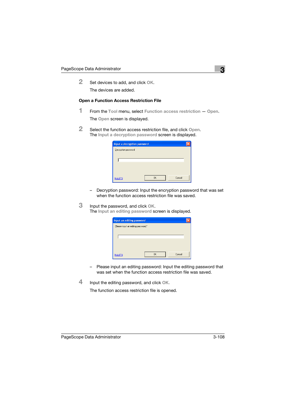 Open a function access restriction file, Open a function access restriction file -108 | Konica Minolta BIZHUB C30P User Manual | Page 117 / 128