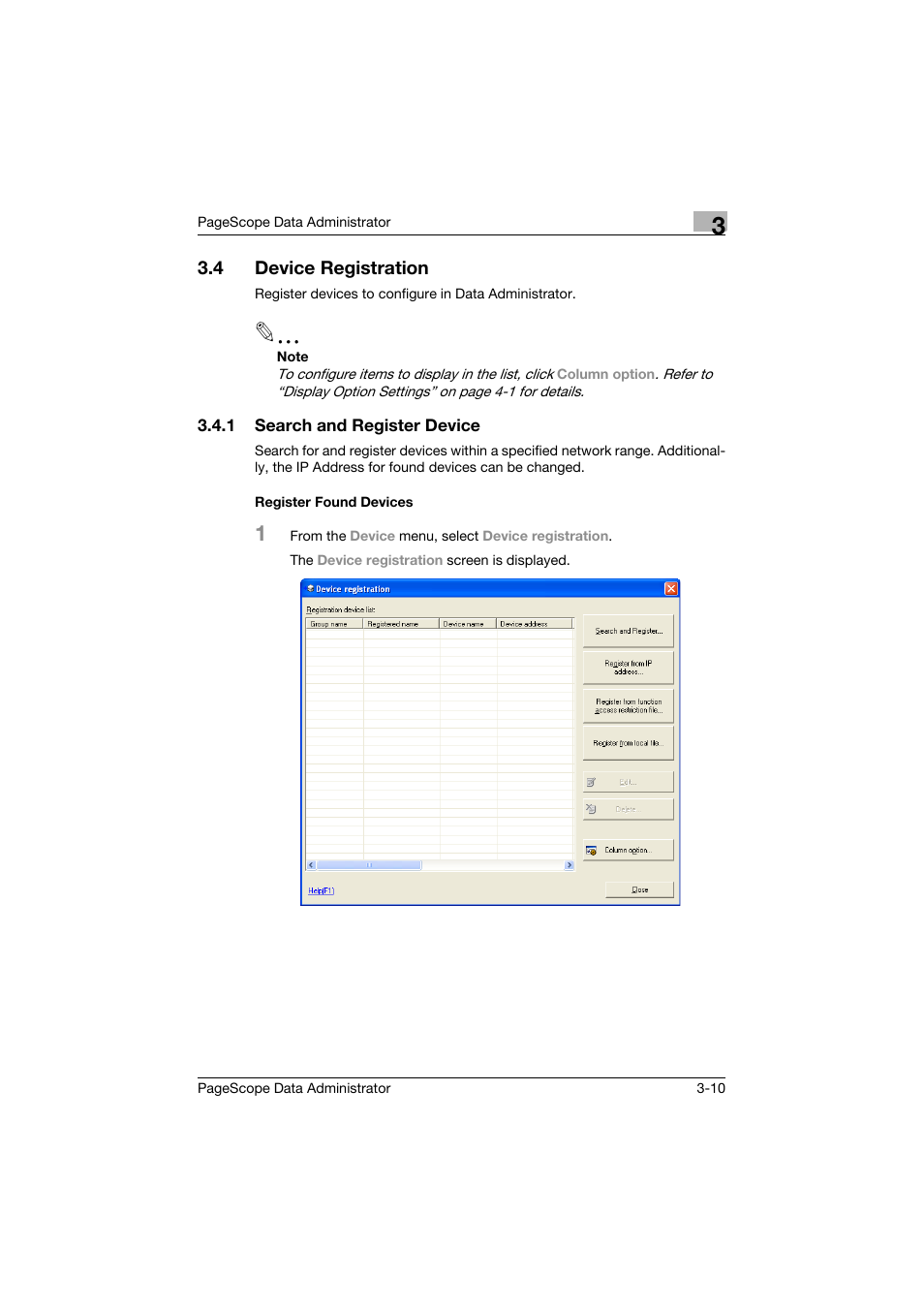 4 device registration, 1 search and register device, Register found devices | Device registration -10 | Konica Minolta BIZHUB C30P User Manual | Page 19 / 128