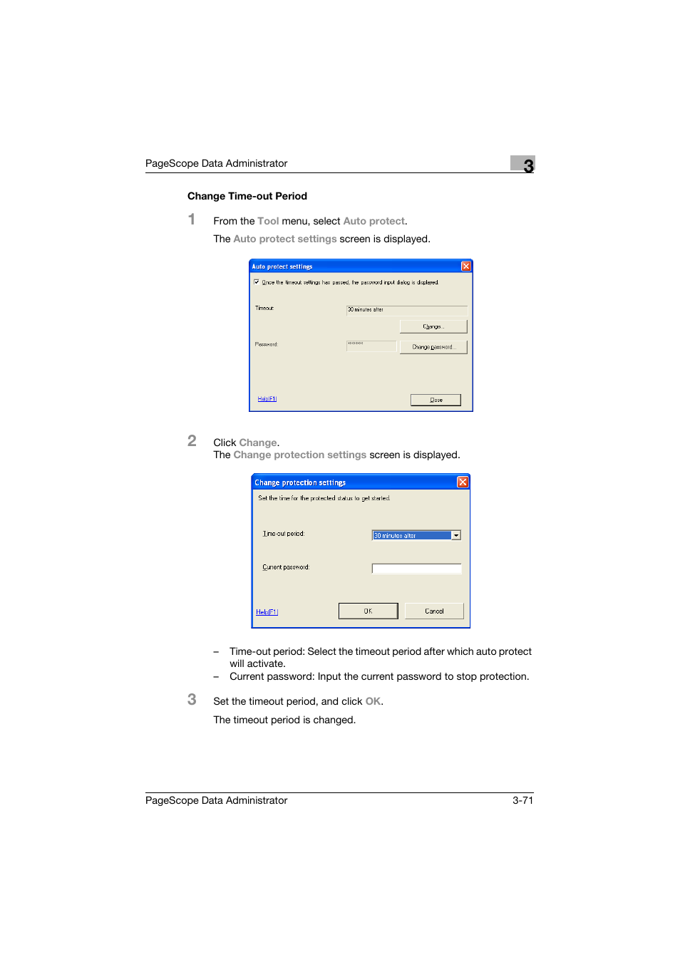 Change time-out period, Change time-out period -71 | Konica Minolta BIZHUB C30P User Manual | Page 80 / 128