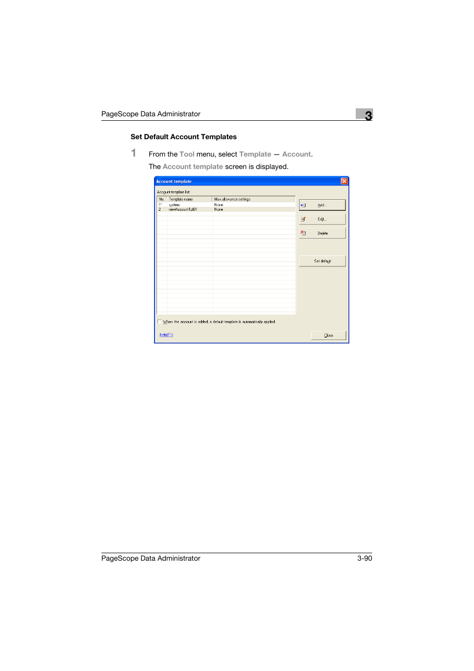 Set default account templates, Set default account templates -90 | Konica Minolta BIZHUB C30P User Manual | Page 99 / 128