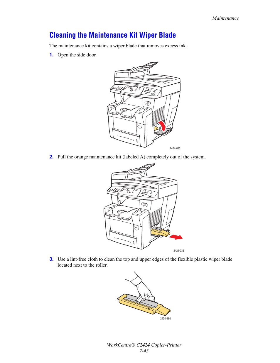 Cleaning the maintenance kit wiper blade | Xerox WorkCentre C2424-5986 User Manual | Page 45 / 57
