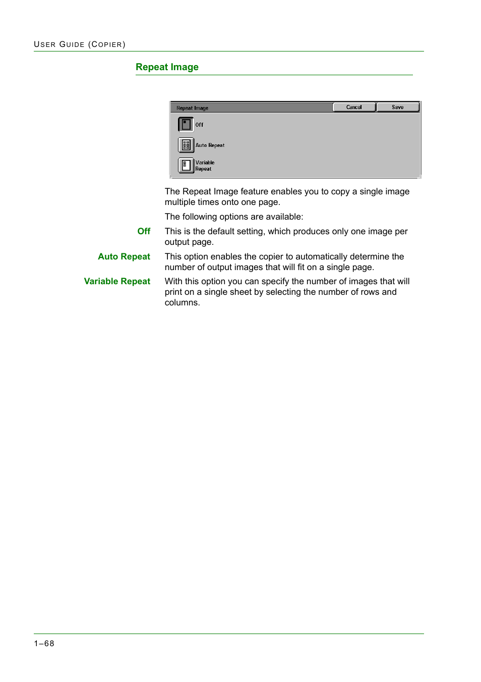 Repeat image, Repeat image 1-68, Repeat image 68 | Xerox WorkCentre M24-2780 User Manual | Page 110 / 441