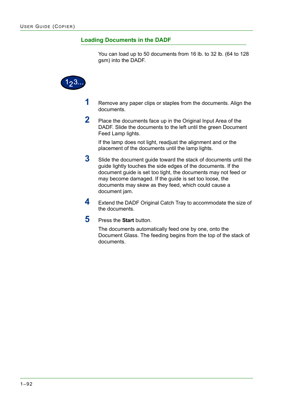 Loading documents in the dadf, Loading documents in the dadf 1-92, Loading documents in the dadf 92 | Xerox WorkCentre M24-2780 User Manual | Page 134 / 441