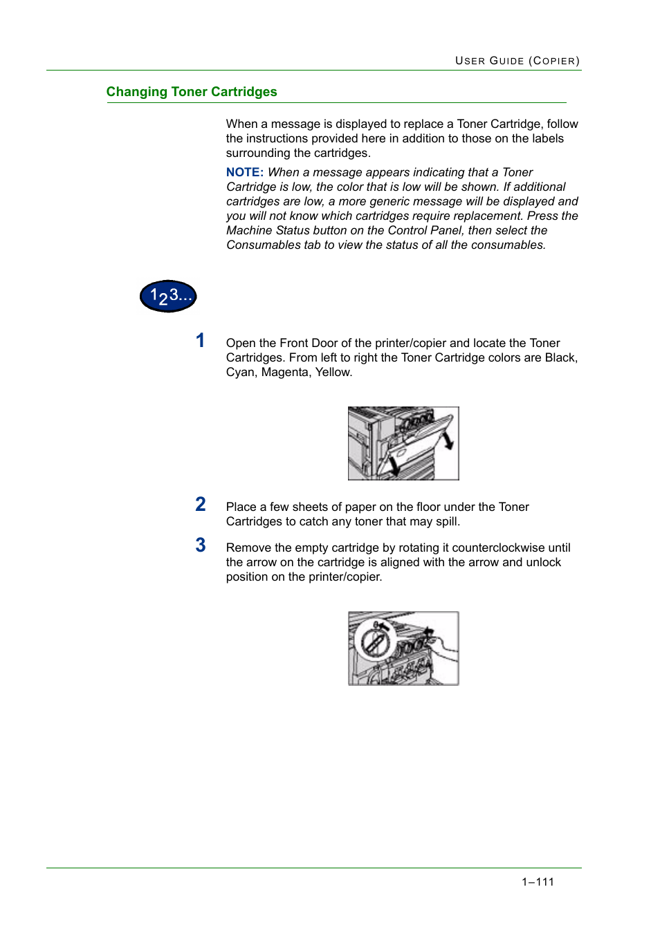 Changing toner cartridges, Changing toner cartridges 1-111, Changing toner cartridges 111 | Xerox WorkCentre M24-2780 User Manual | Page 153 / 441