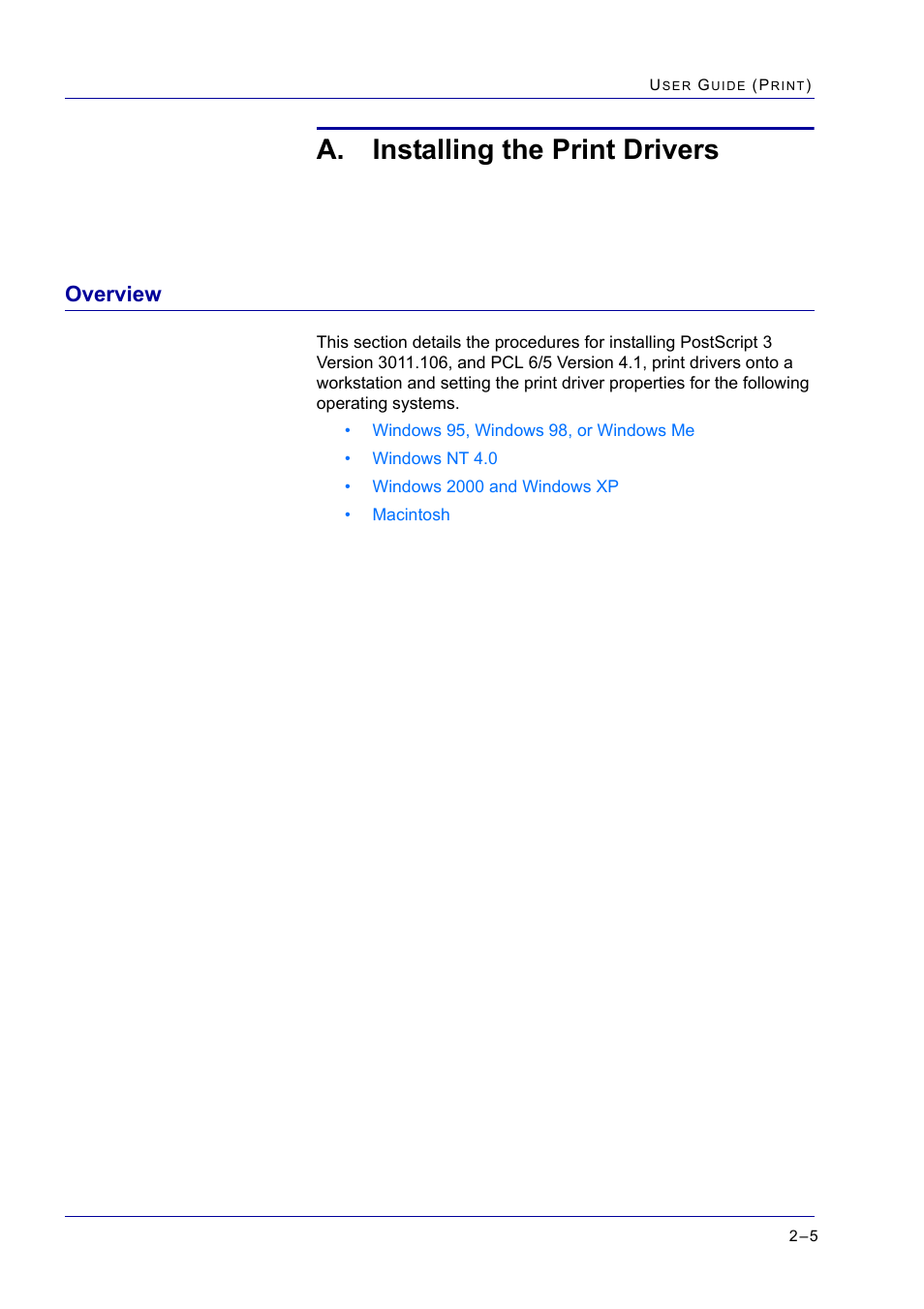 A. installing the print drivers, Overview, Installing the print drivers 2-5 | Overview 2-5, Overview 5 | Xerox WorkCentre M24-2780 User Manual | Page 169 / 441